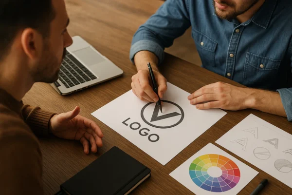 γραφίστας σχεδιάζει λογότυπο